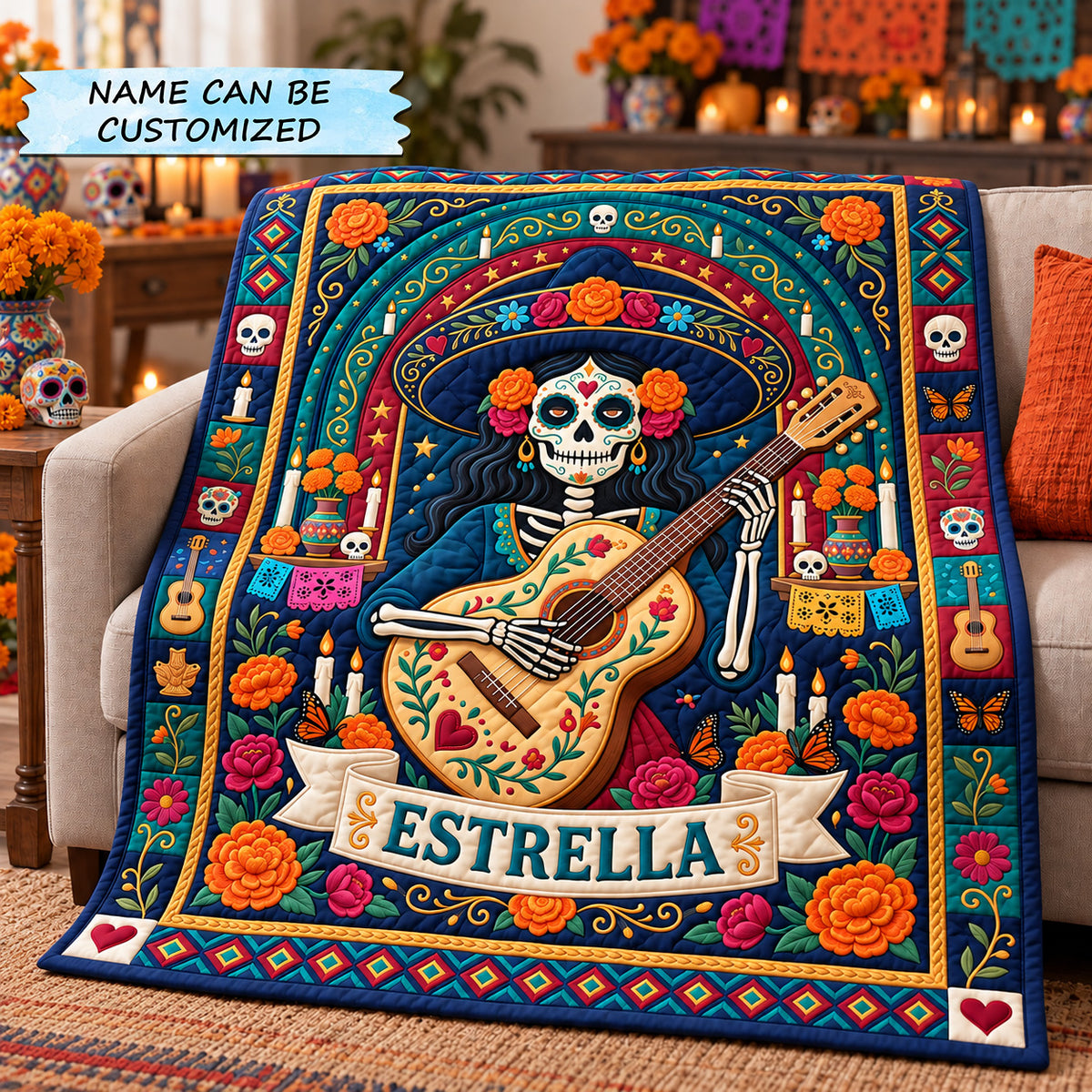 Personalized Day Of The Dead Quilted Blanket QTCUZ GFTOTP22607