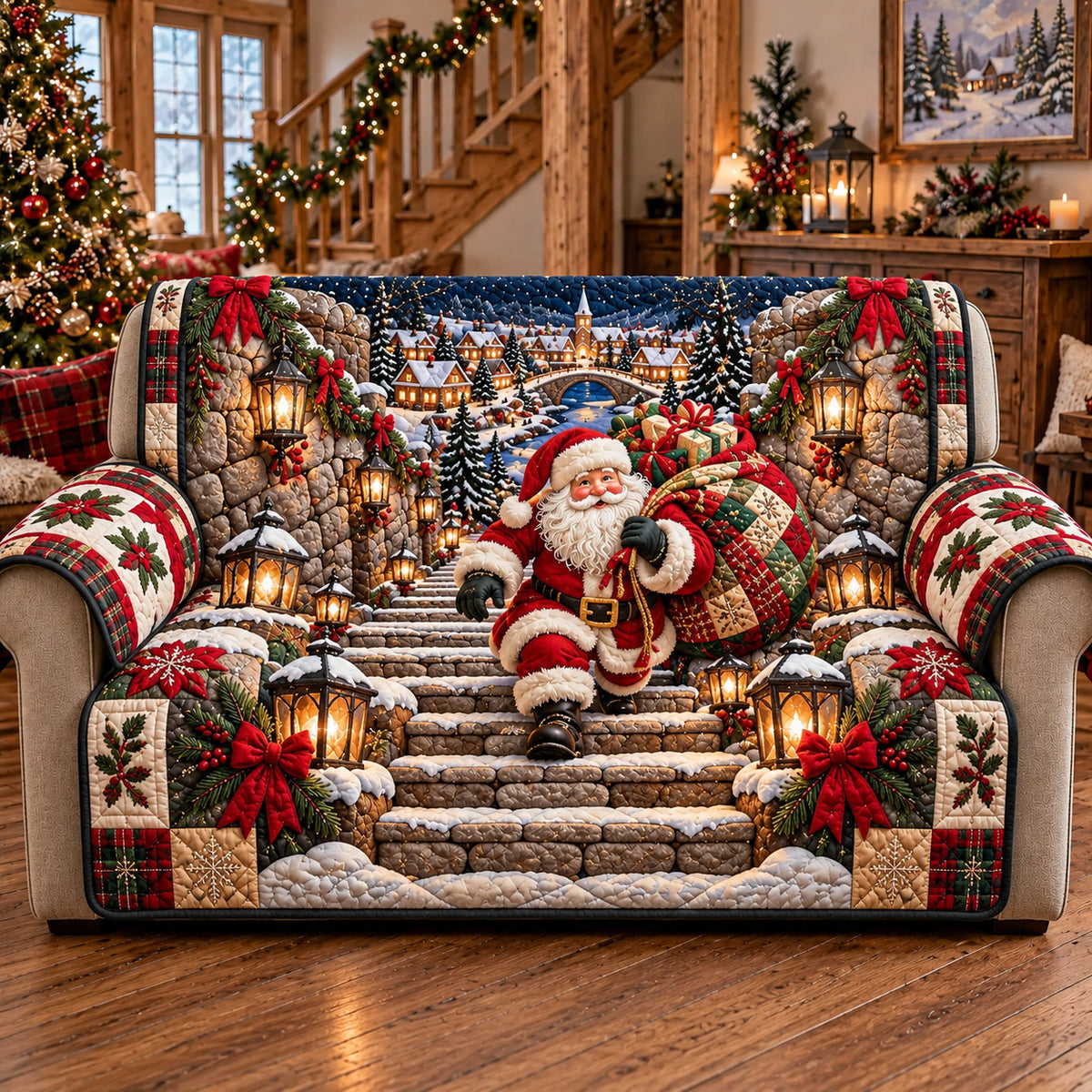 Stairway Santa Quilted Sofa Cover GFTOTP22634