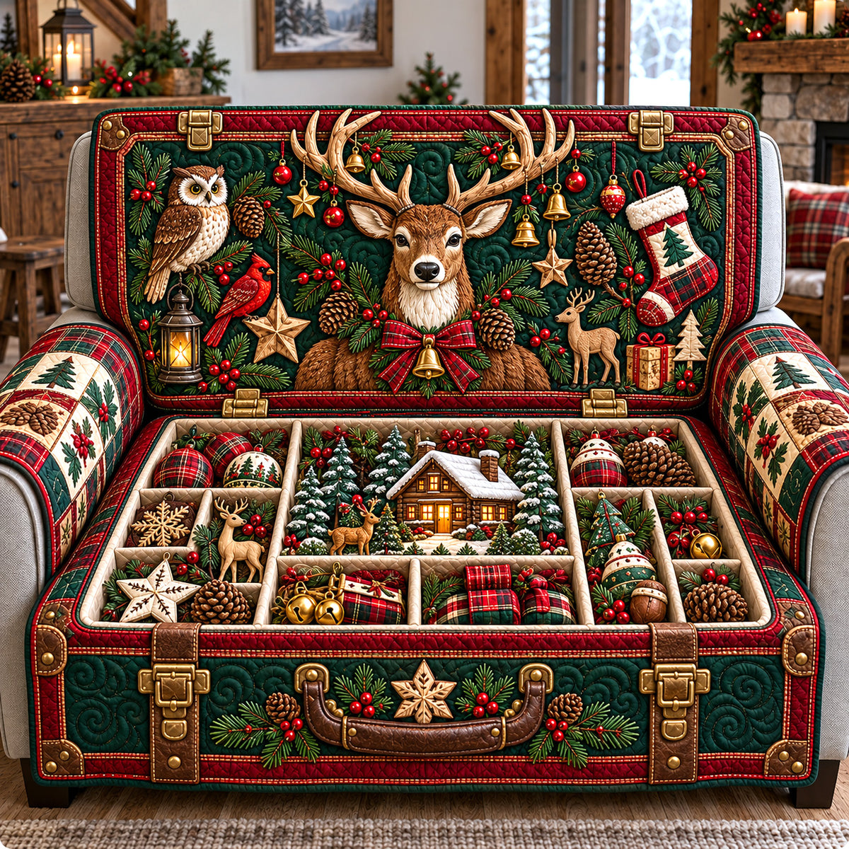 Woodland Christmas Chest Quilted Sofa Cover GFTOTP22661