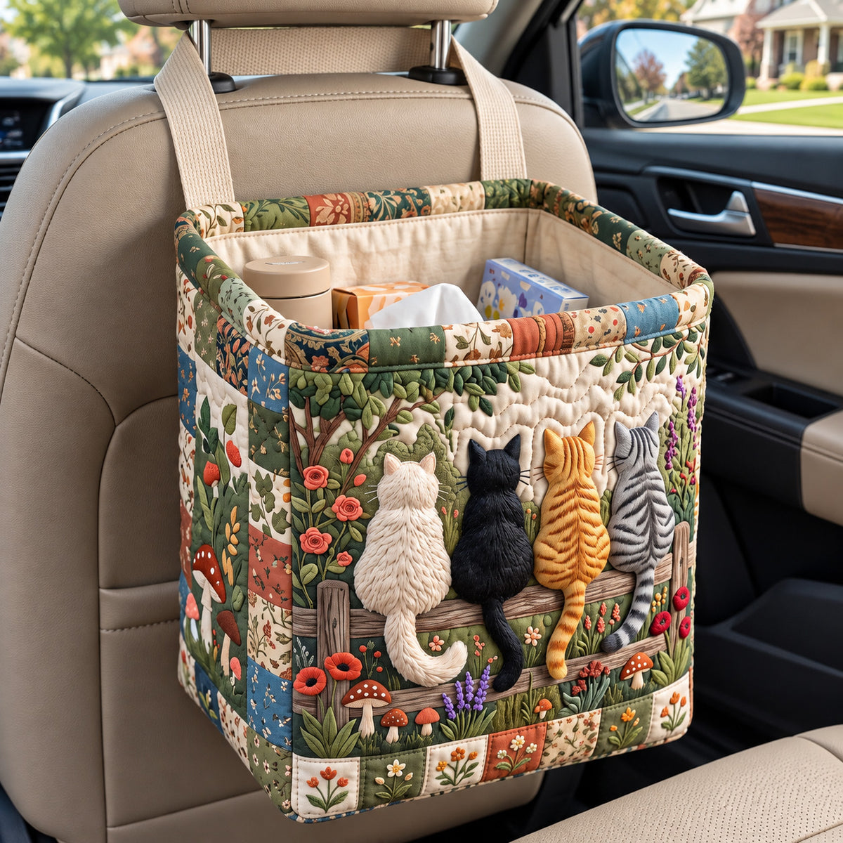 Rustic Fence Cats Quilted Car Basket GFTOTP22712