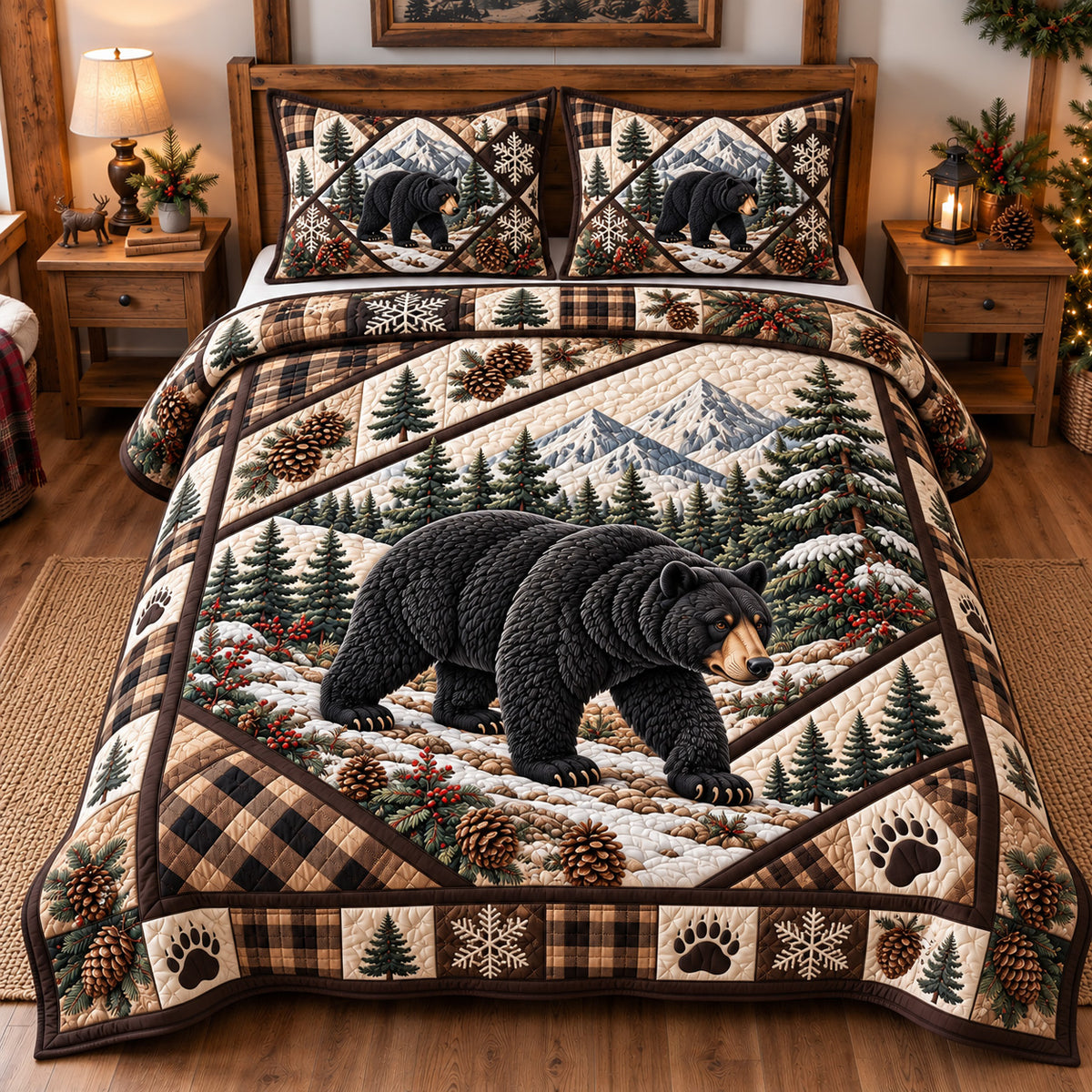 Forest Black Bear Patchwork 3-Piece Quilted Bedding Set GFTOTP22716