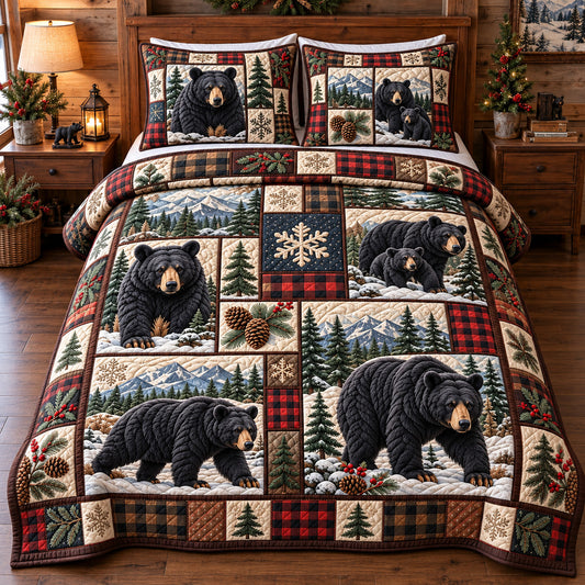 Forest Black Bear Patchwork 3-Piece Quilted Bedding Set GFTOTP22717