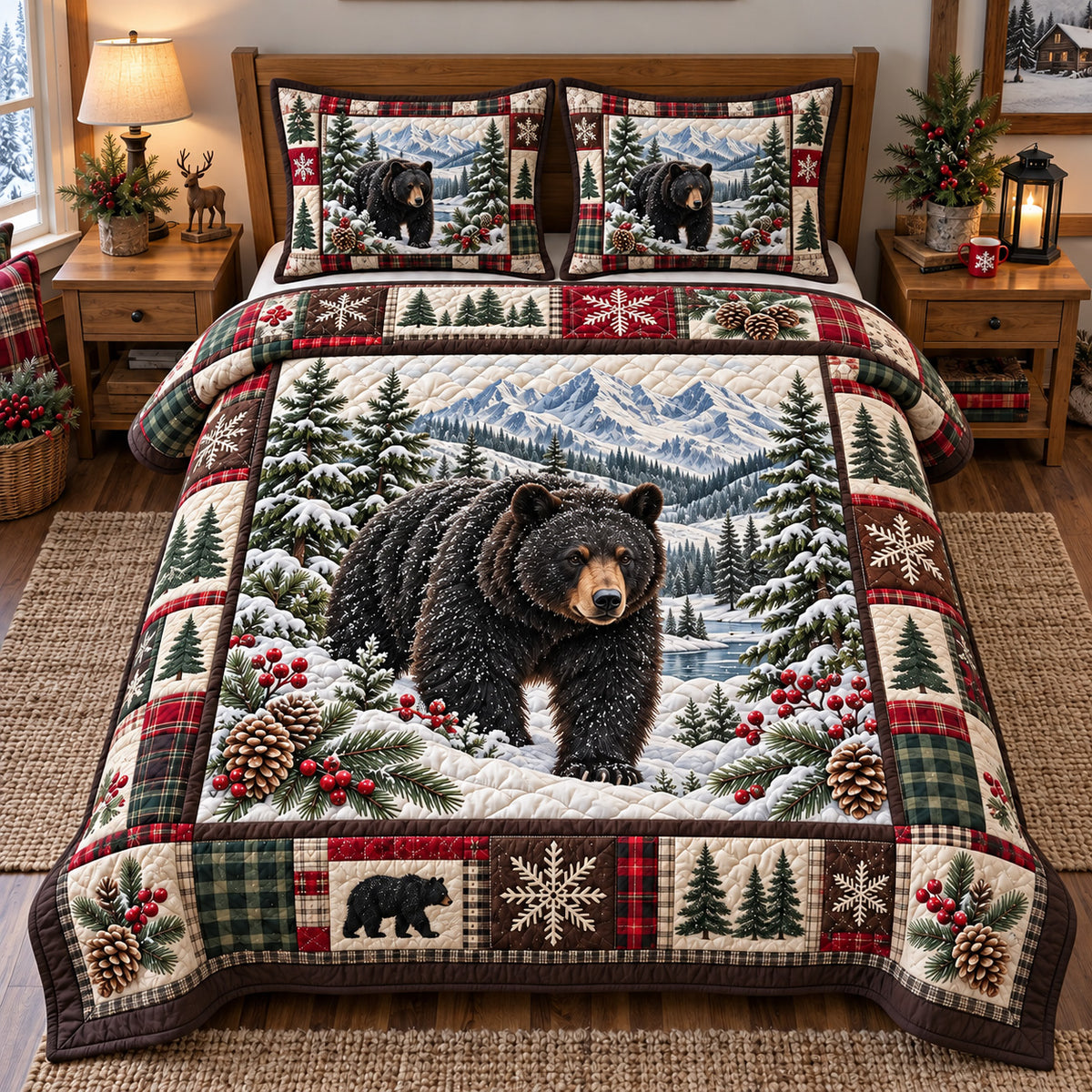 Forest Black Bear Patchwork 3-Piece Quilted Bedding Set GFTOTP22718