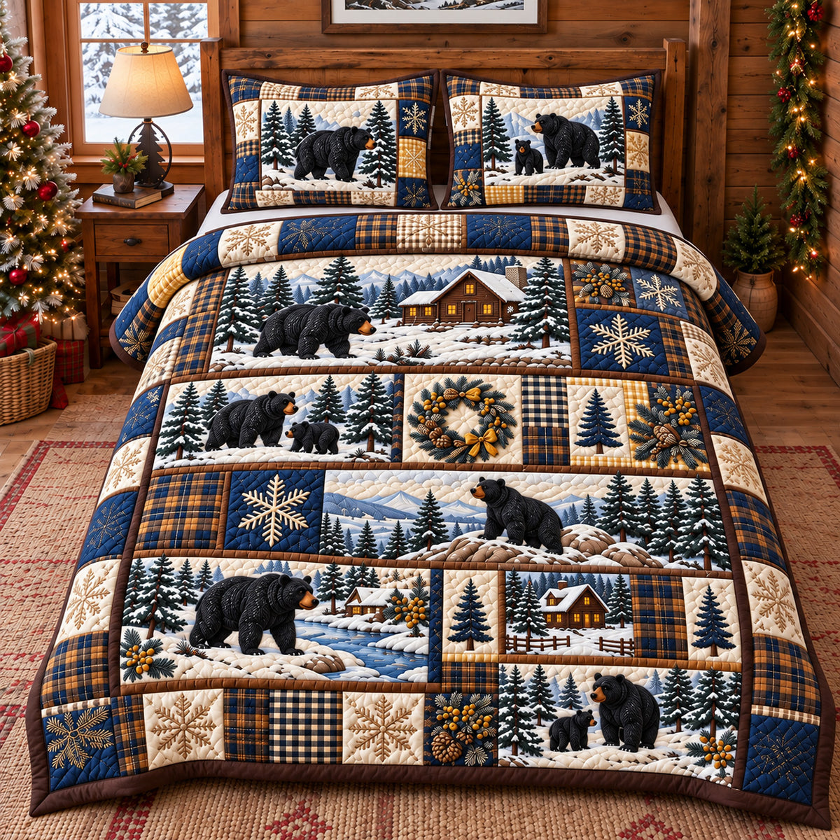 Forest Black Bear Patchwork 3-Piece Quilted Bedding Set GFTOTP22719