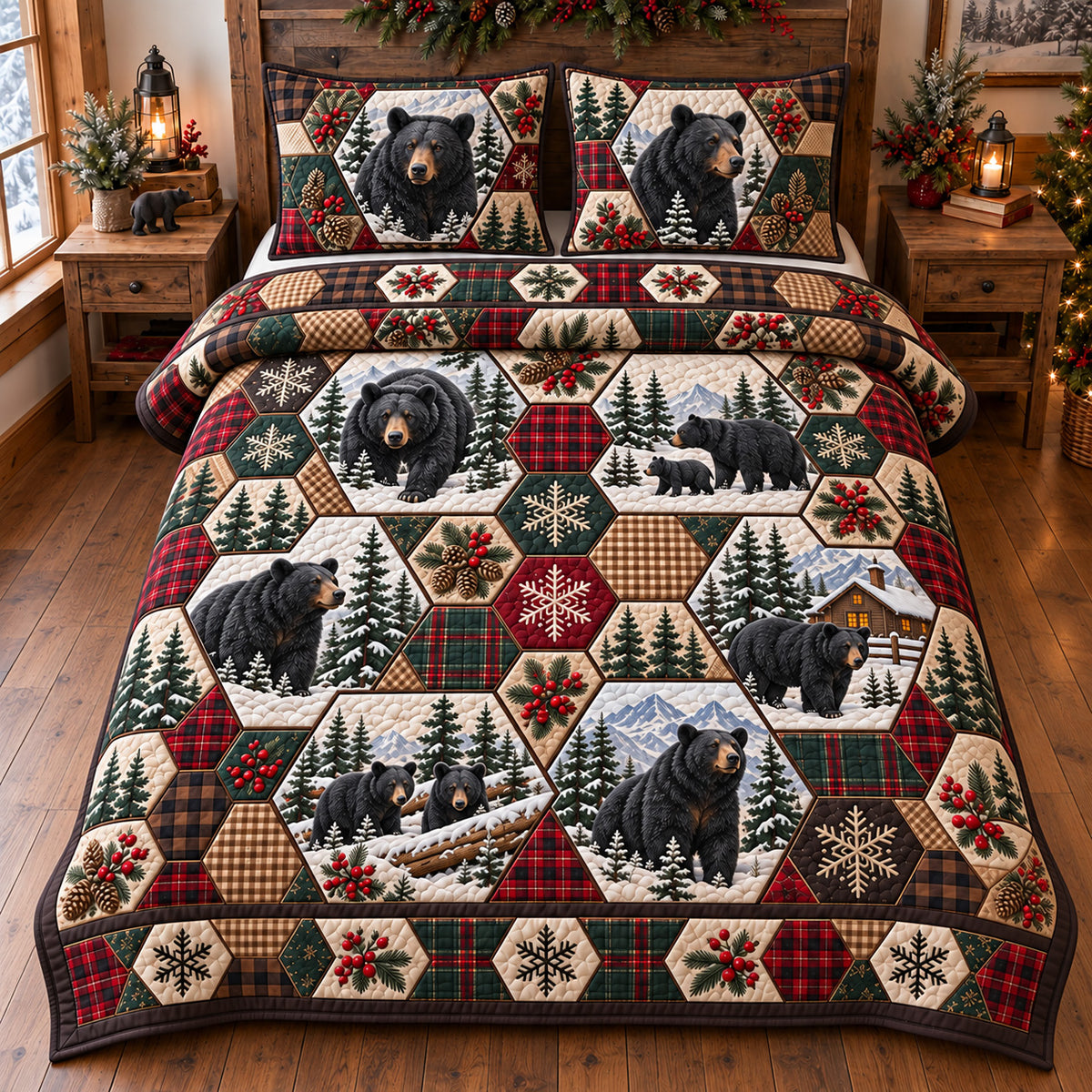 Forest Black Bear Patchwork 3-Piece Quilted Bedding Set GFTOTP22721