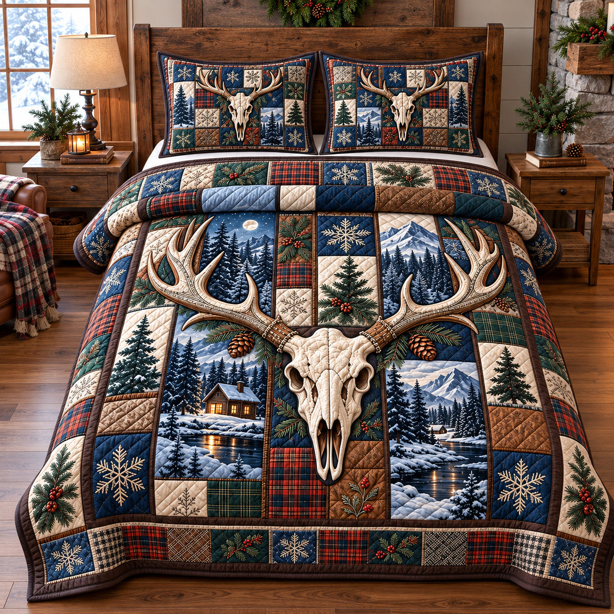 Forest Deer Skull Patchwork 3-Piece Quilted Bedding Set GFTOTP22723