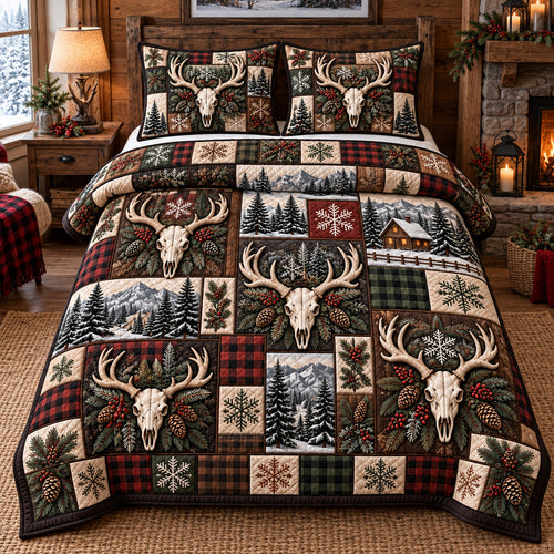 Forest Deer Skull Patchwork 3-Piece Quilted Bedding Set GFTOTP22724