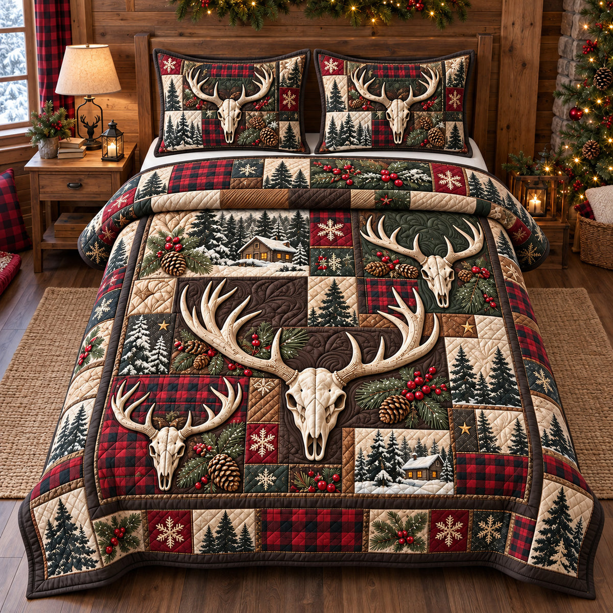 Forest Deer Skull Patchwork 3-Piece Quilted Bedding Set GFTOTP22725