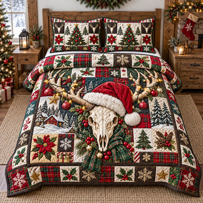 Christmas Deer Skull Patchwork 3-Piece Quilted Bedding Set GFTOTP22726