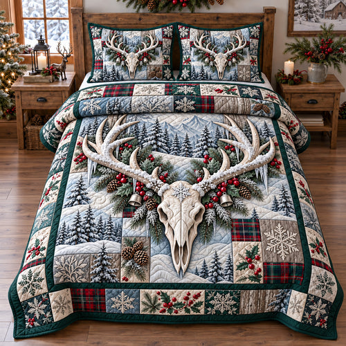 Winter Deer Skull Patchwork 3-Piece Quilted Bedding Set GFTOTP22727
