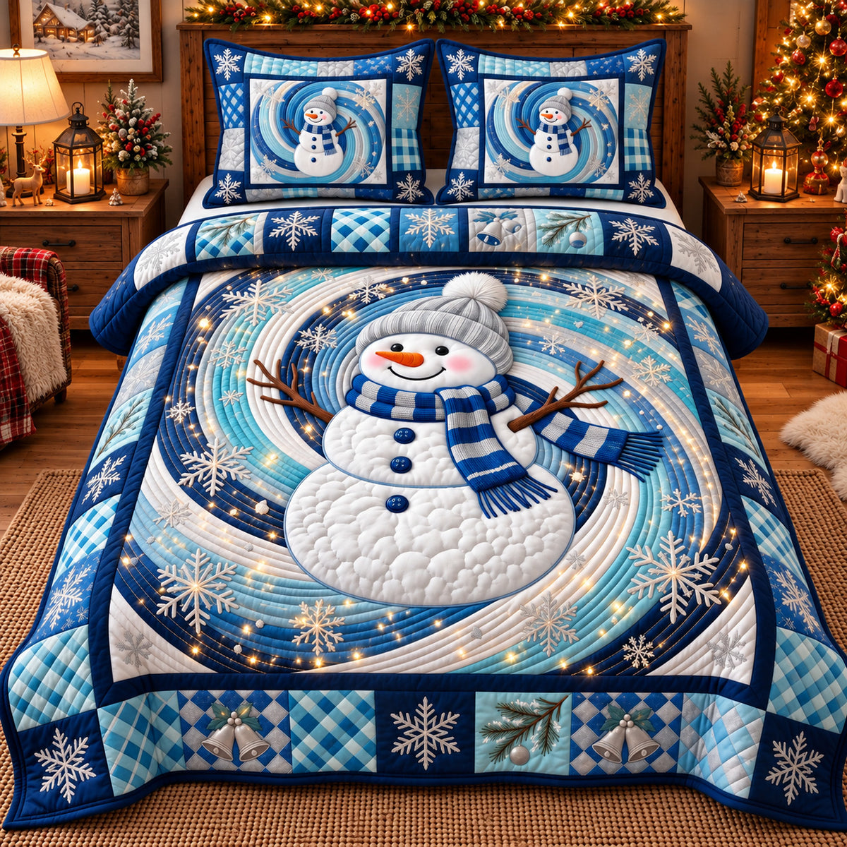 Blue Swirl Snowman 3-Piece Quilted Bedding Set GFTOTP22728