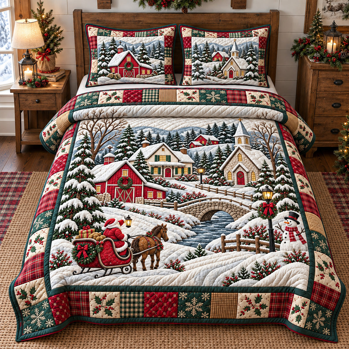 Santa Winter Village 3-Piece Quilted Bedding Set GFTOTP22733