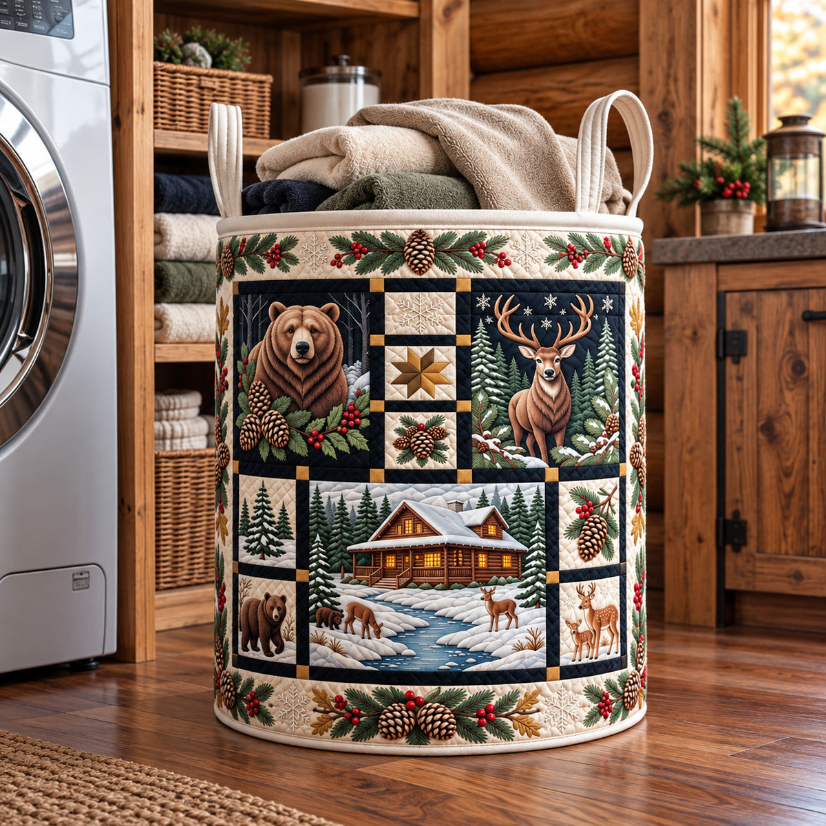 Rustic Forest Patchwork Quilted Laundry Basket GFTOTP22737