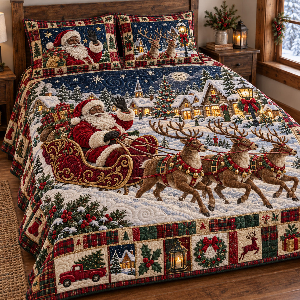 Snowy Village Santa 3-Piece Quilted Bedding Set GFTOTP22782