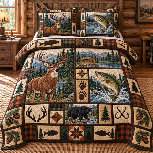 Hunting And Fishing Patchwork 3-Piece Quilted Bedding Set GFTOTP22806