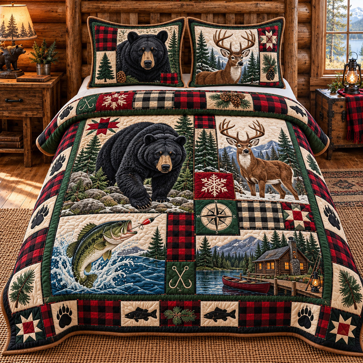 Hunting And Fishing Patchwork 3-Piece Quilted Bedding Set GFTOTP22807