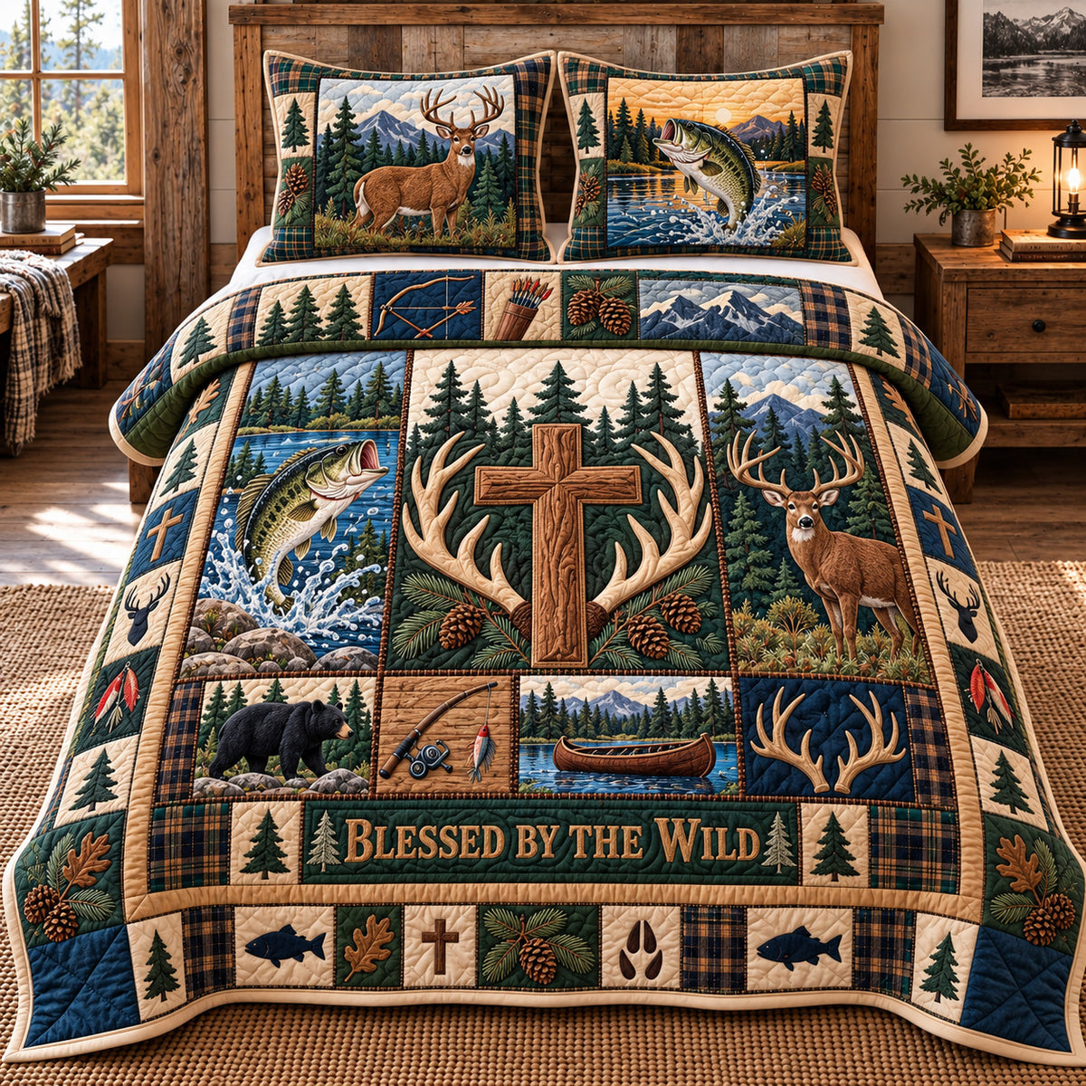 Hunting And Fishing Patchwork 3-Piece Quilted Bedding Set GFTOTP22809