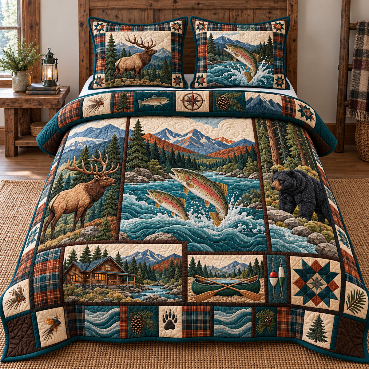 Hunting And Fishing Patchwork 3-Piece Quilted Bedding Set GFTOTP22810