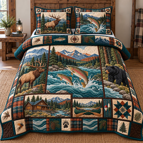 Hunting And Fishing Patchwork 3-Piece Quilted Bedding Set GFTOTP22810