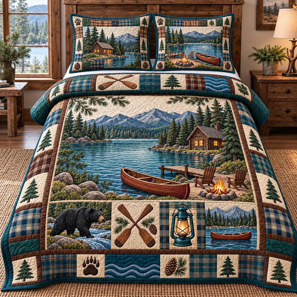 Camping Rustic Patchwork 3-Piece Quilted Bedding Set GFTOTP22815