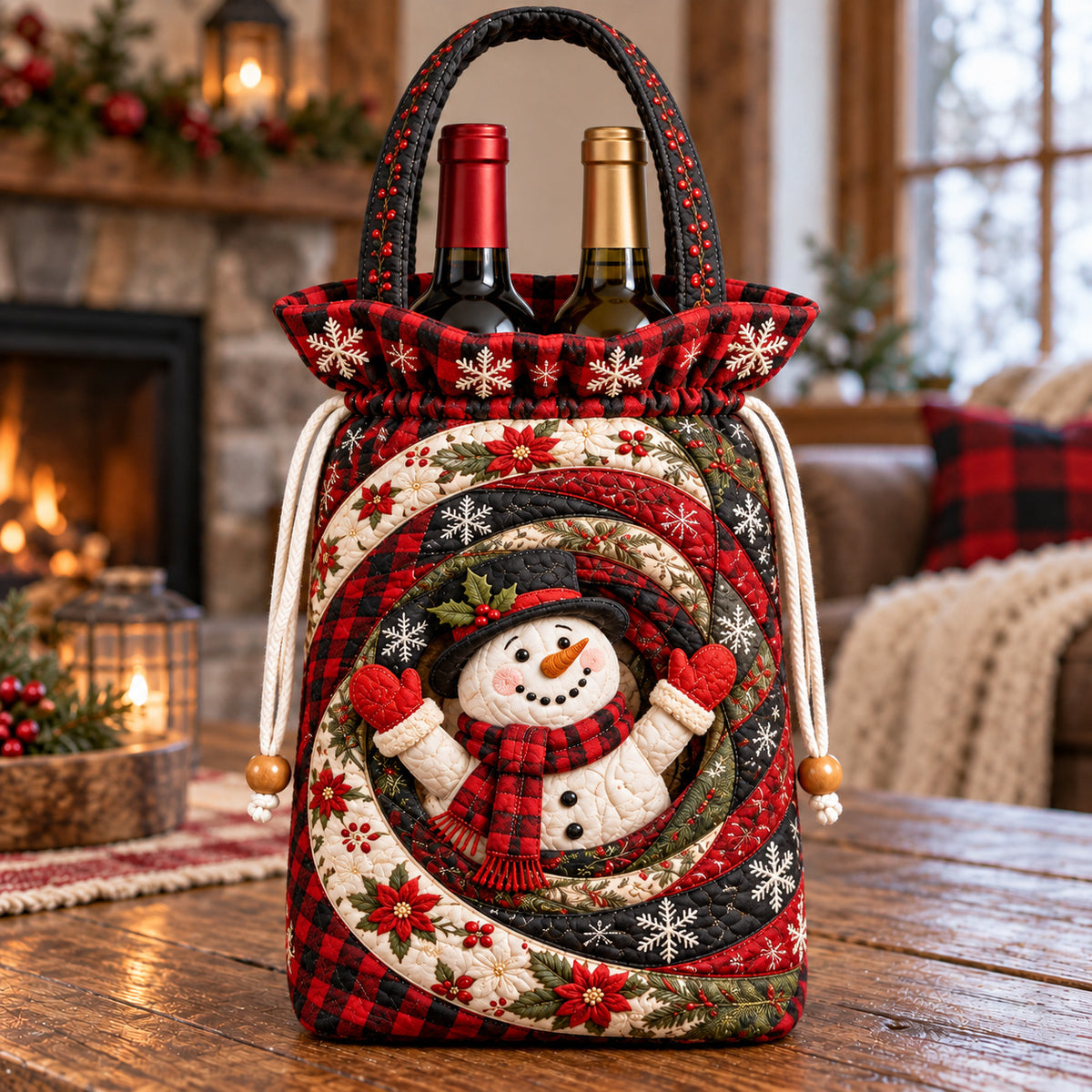 Winter Plaid Vortex Snowman Quilted Bottle Carrier Bag GFTOTP22895