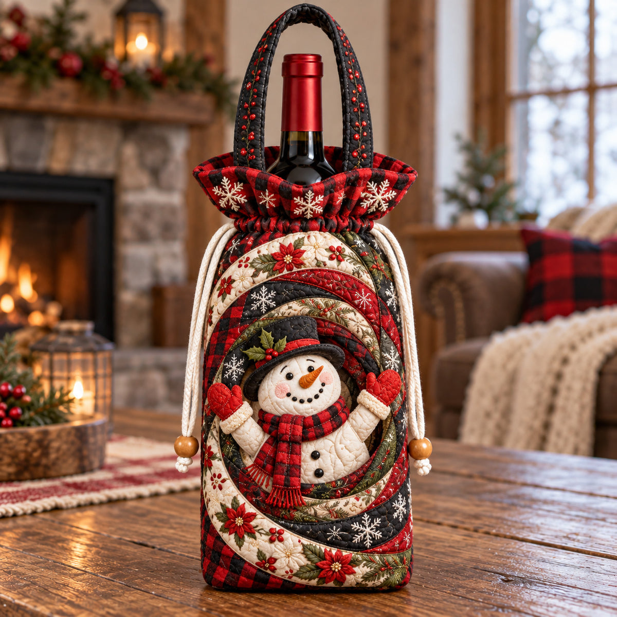 Winter Plaid Vortex Snowman Quilted Bottle Carrier Bag GFTOTP22895