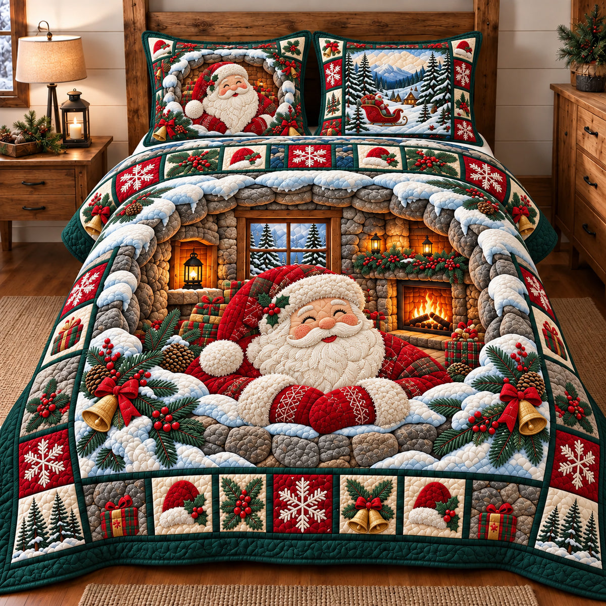 Cozy Fireplace Santa 3-Piece Quilted Bedding Set GFTOTP22948