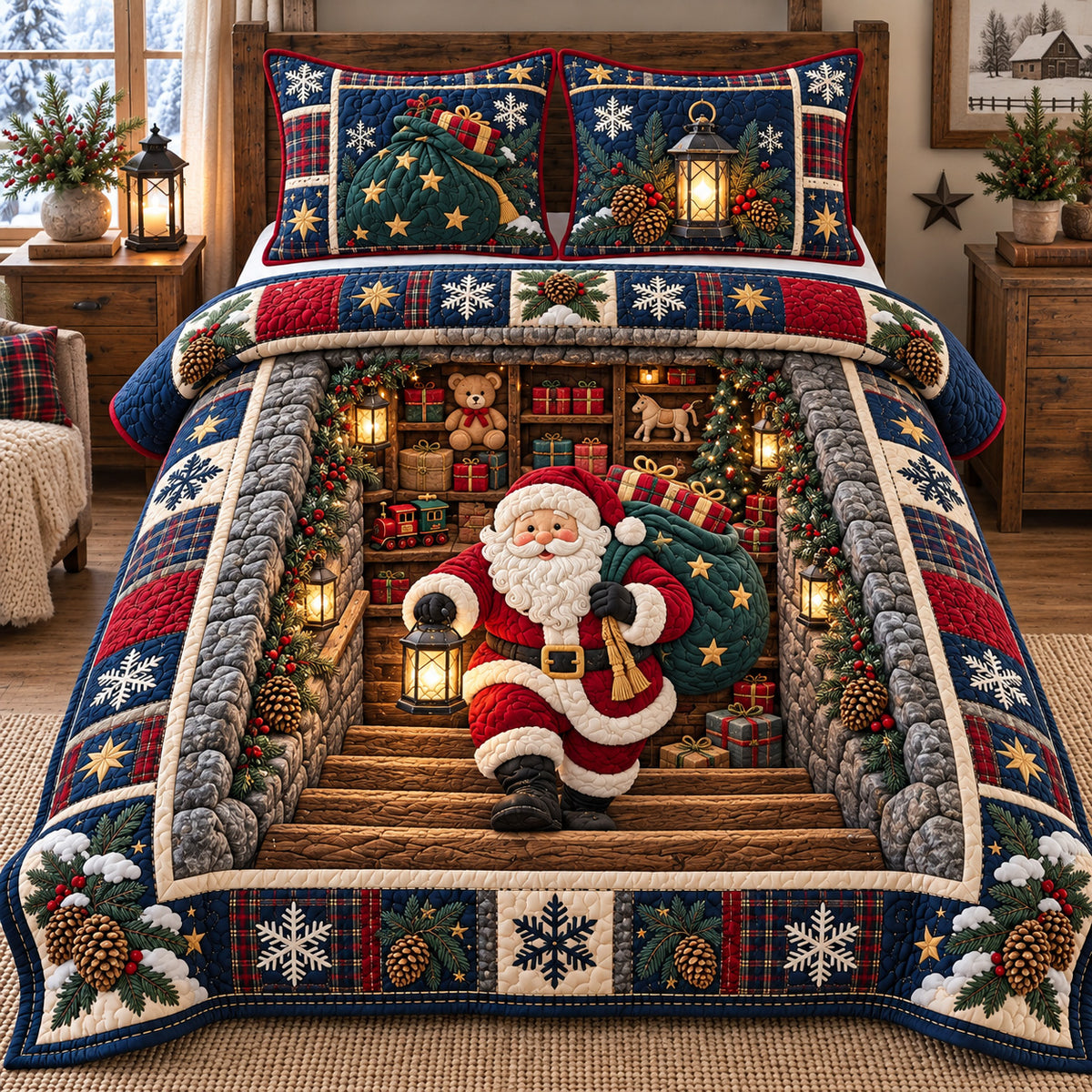 Christmas Staircase Santa 3-Piece Quilted Bedding Set GFTOTP22950