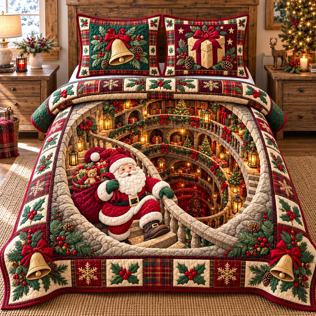 Grand Library Santa 3-Piece Quilted Bedding Set GFTOTP22952