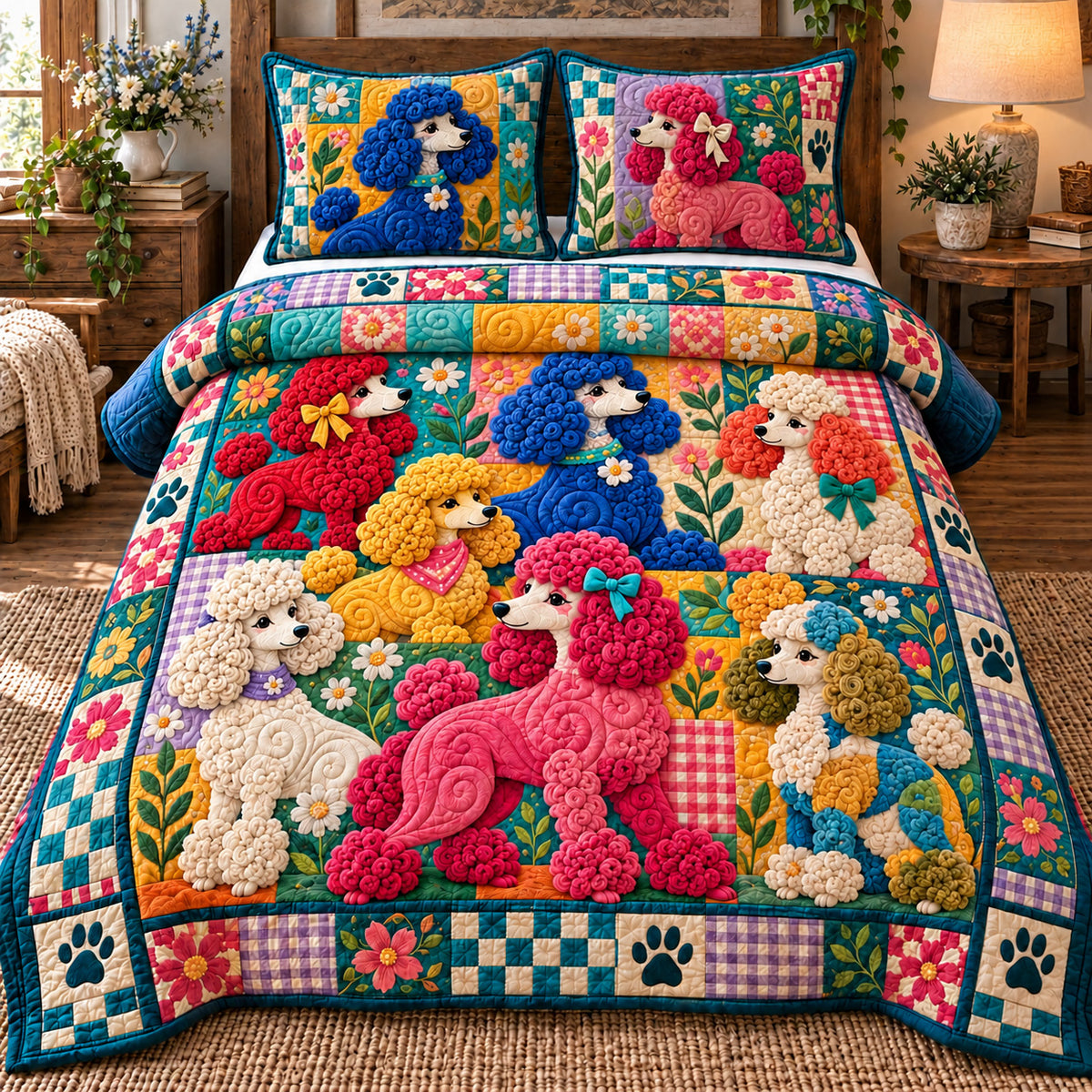 Colorful Poodle Patchwork 3-Piece Quilted Bedding Set GFTOTP22953