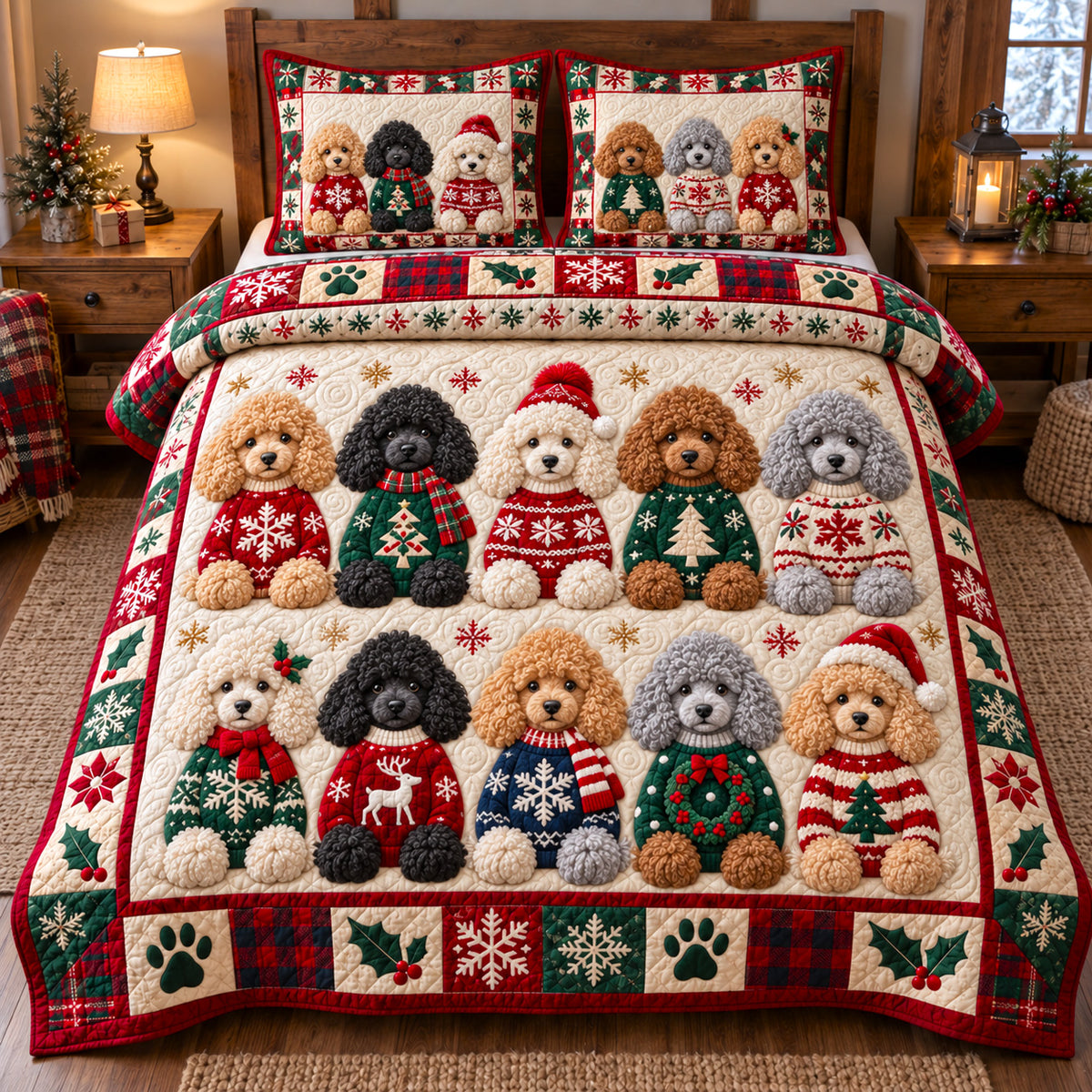 Holiday Sweater Poodles 3-Piece Quilted Bedding Set GFTOTP22956