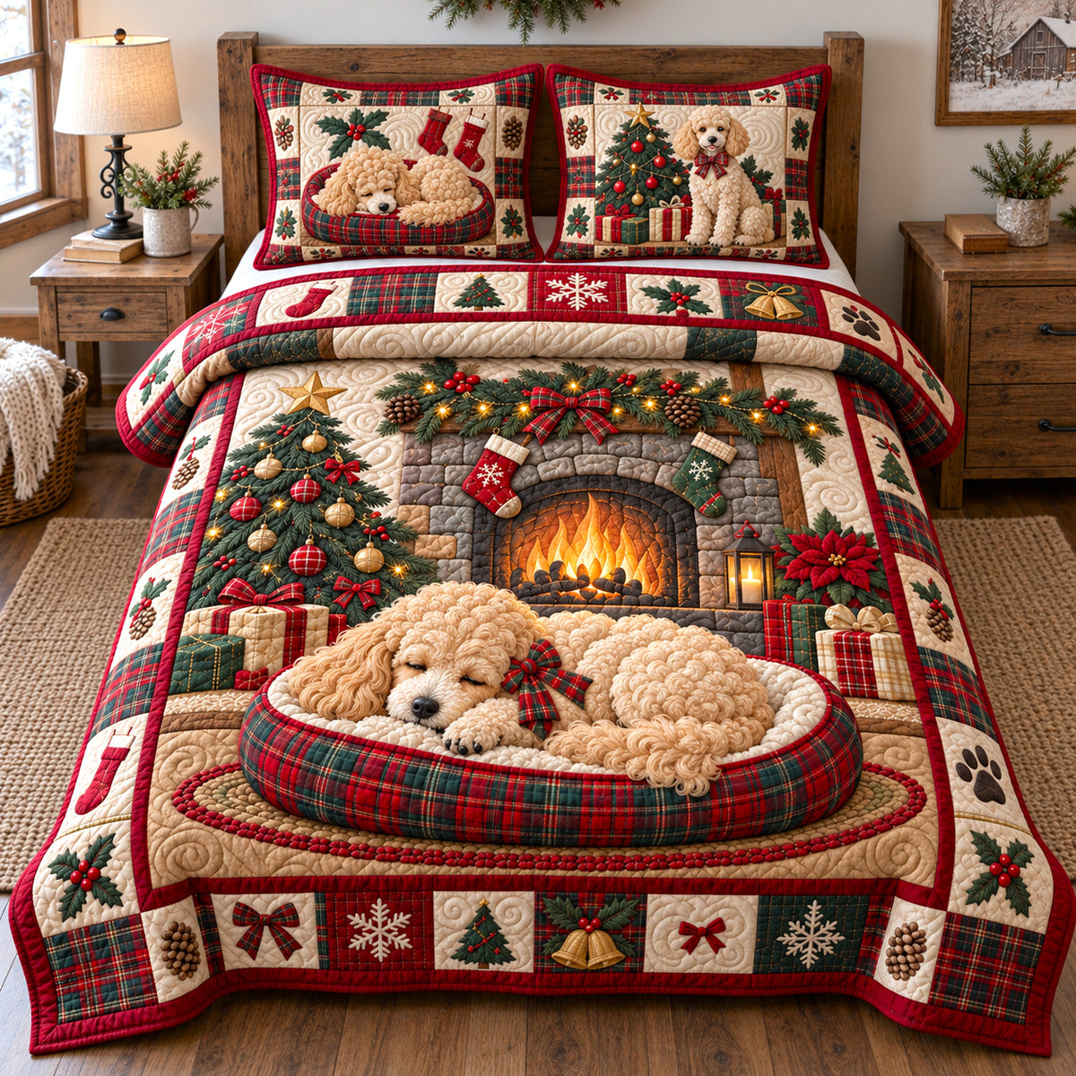Sleeping Christmas Poodle 3-Piece Quilted Bedding Set GFTOTP22957