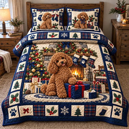 Holiday Fireplace Poodle 3-Piece Quilted Bedding Set GFTOTP22958