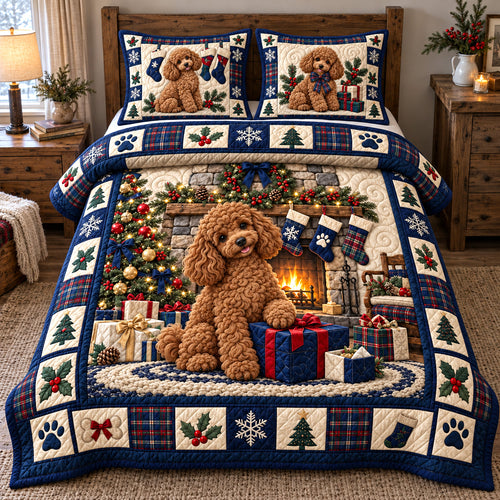 Holiday Fireplace Poodle 3-Piece Quilted Bedding Set GFTOTP22958