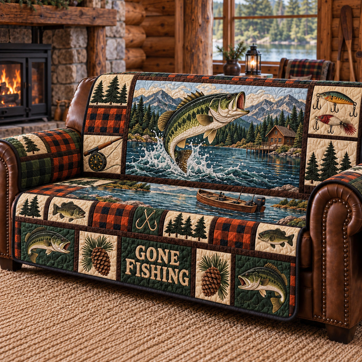 Gone Fishing Patchwork Quilted Sofa Cover GFTOTP22960