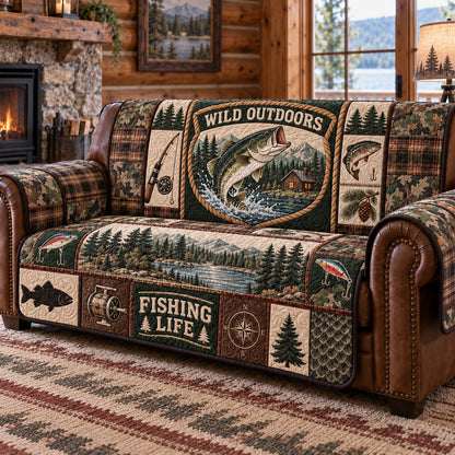 Wild Outdoors Fishing Patchwork Quilted Sofa Cover GFTOTP22962