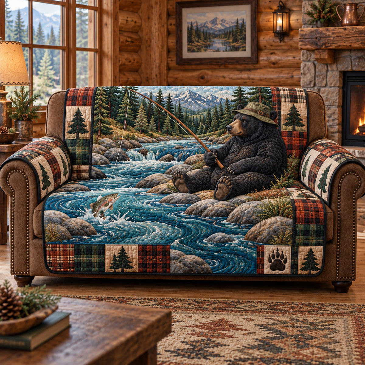 Fishing Black Bear Quilted Sofa Cover GFTOTP22965