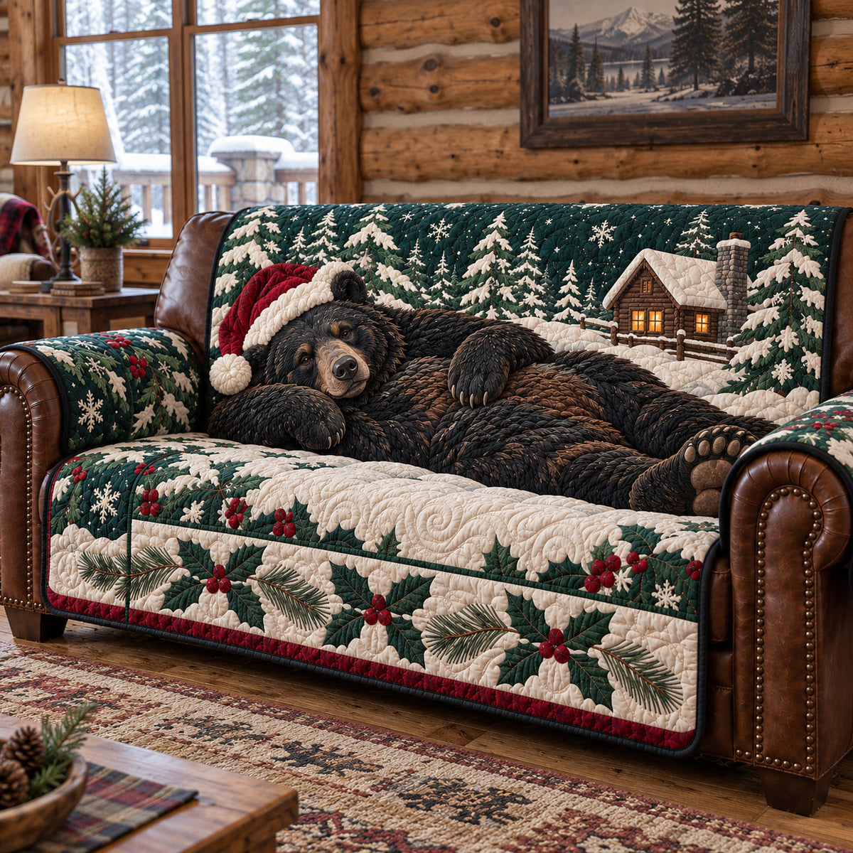 Santa Bear Holiday Quilted Sofa Cover GFTOTP22969