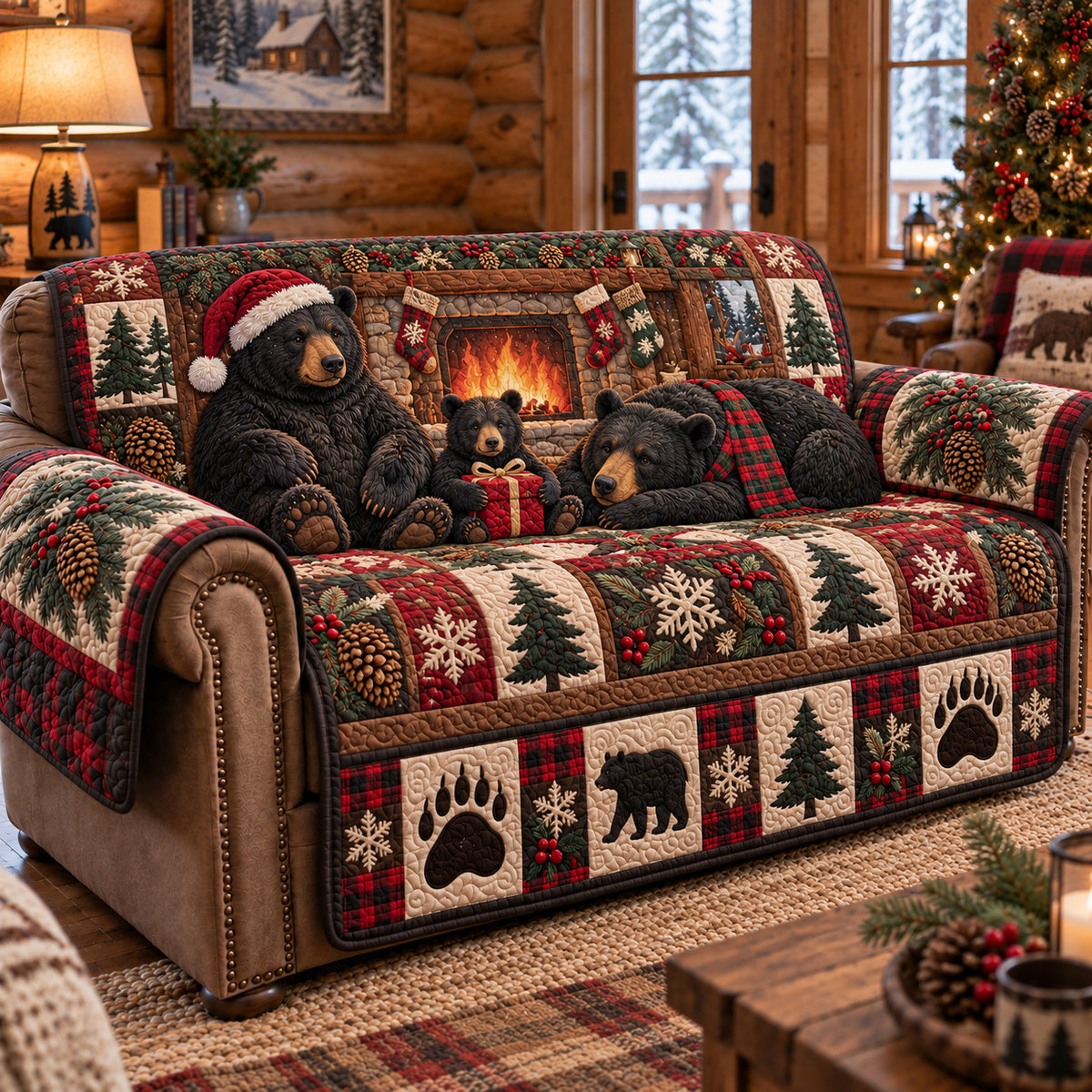 Cozy Christmas Bears Quilted Sofa Cover GFTOTP22970