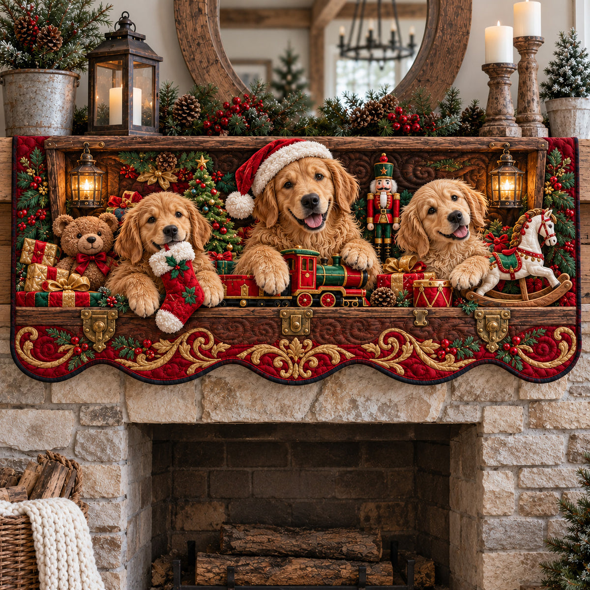 Festive Toy Goldens Quilted Mantel Scarf GFTOTP22971