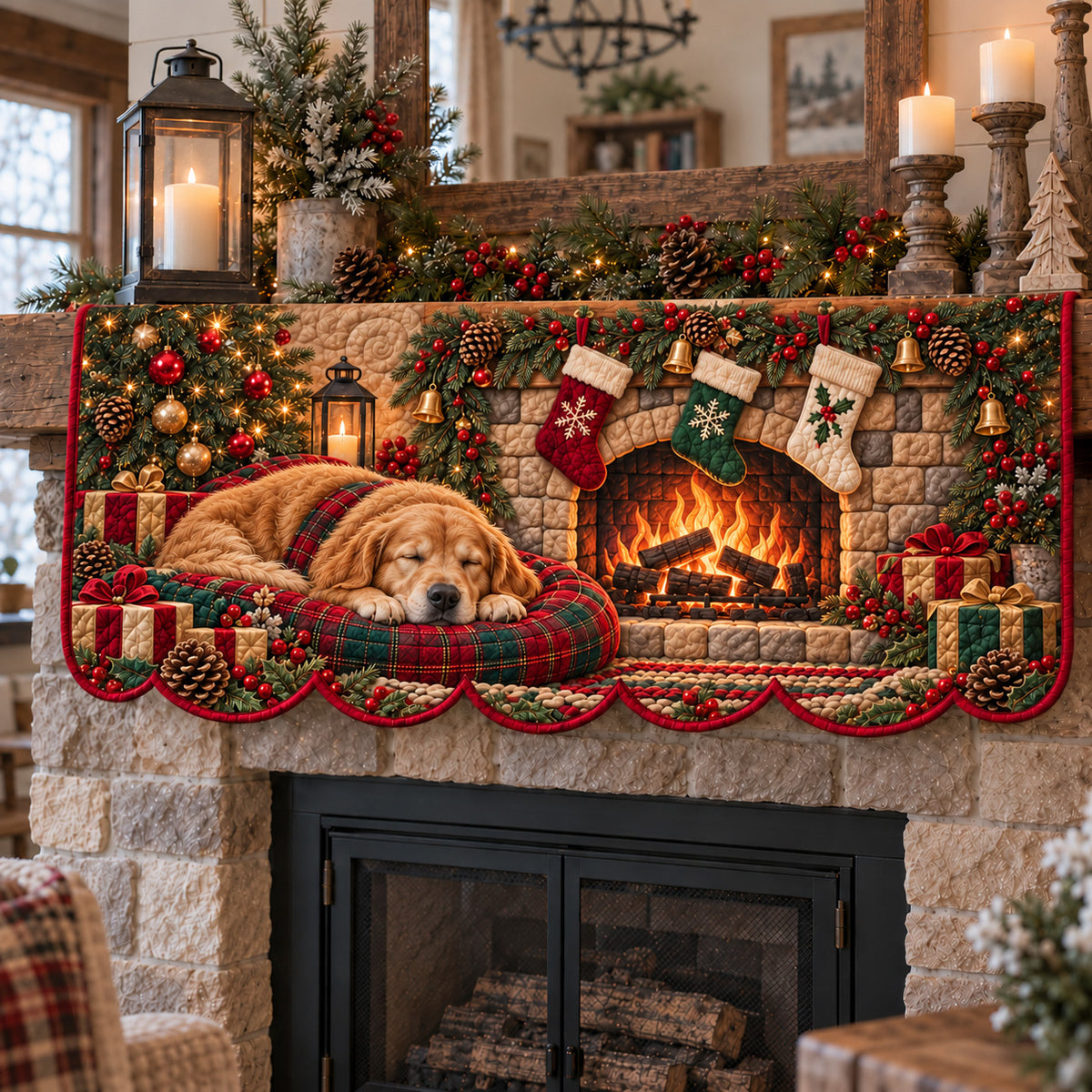 Cozy Fireside Golden Quilted Mantel Scarf GFTOTP22973