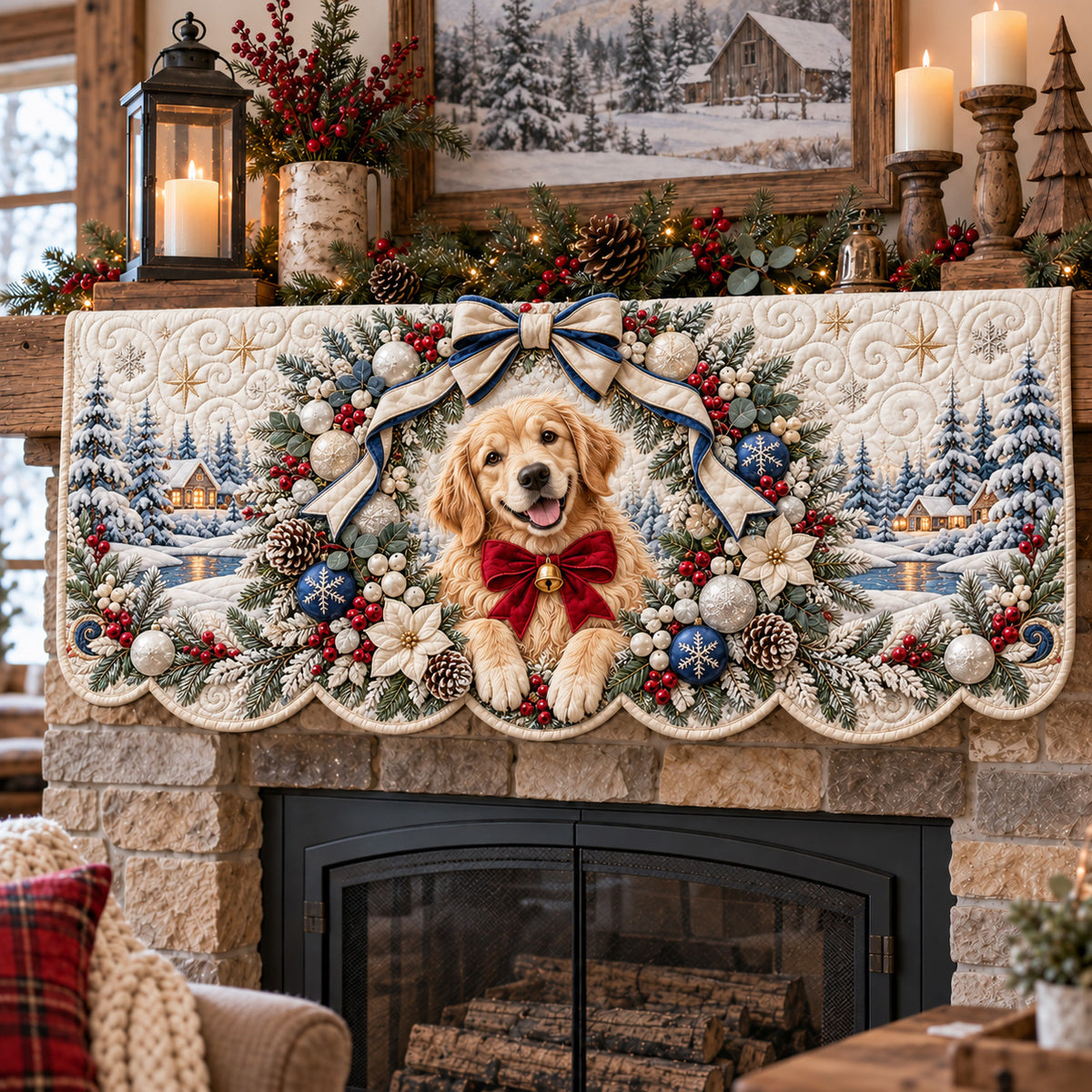 Holiday Wreath Golden Quilted Mantel Scarf GFTOTP22975