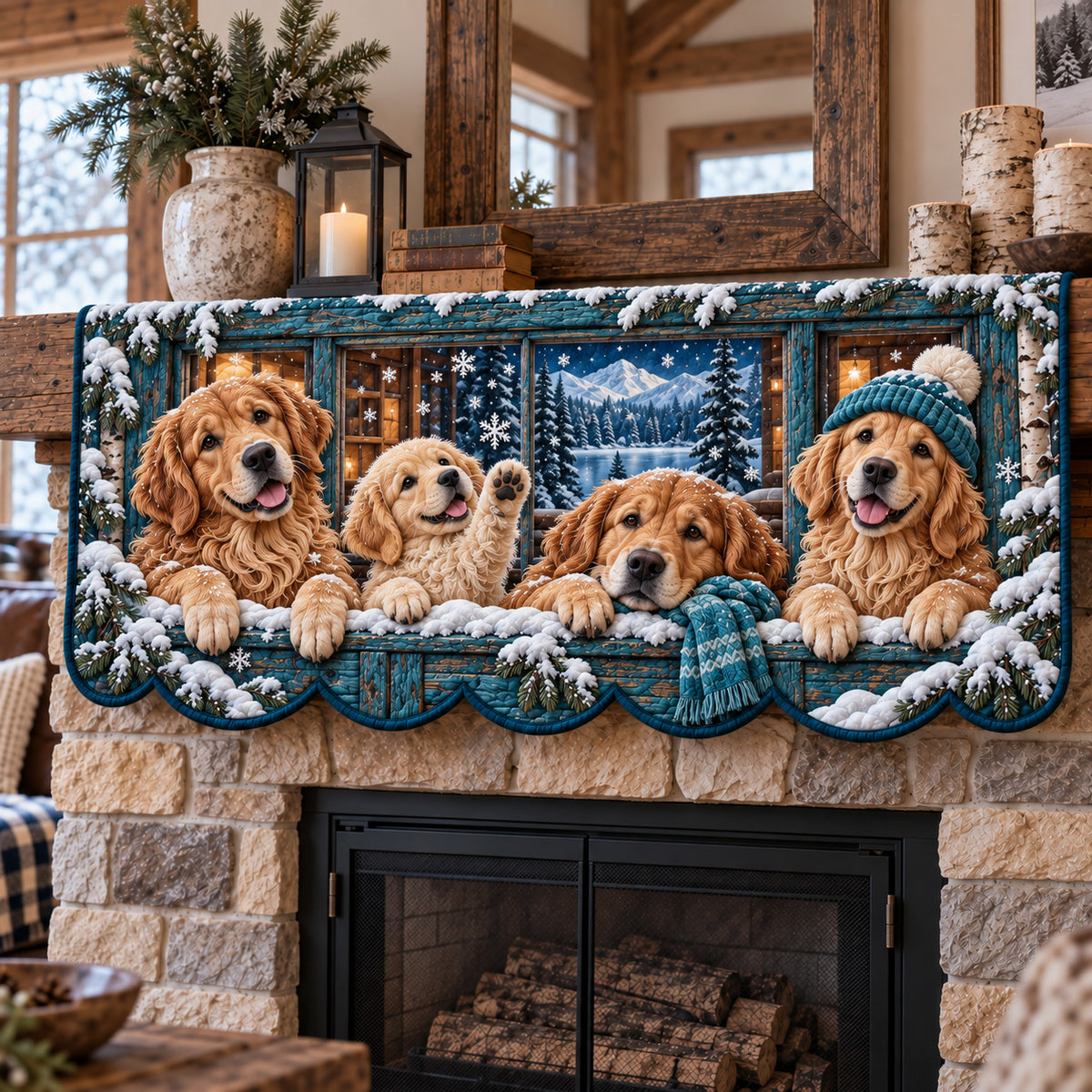 Winter Window Goldens Quilted Mantel Scarf GFTOTP22976