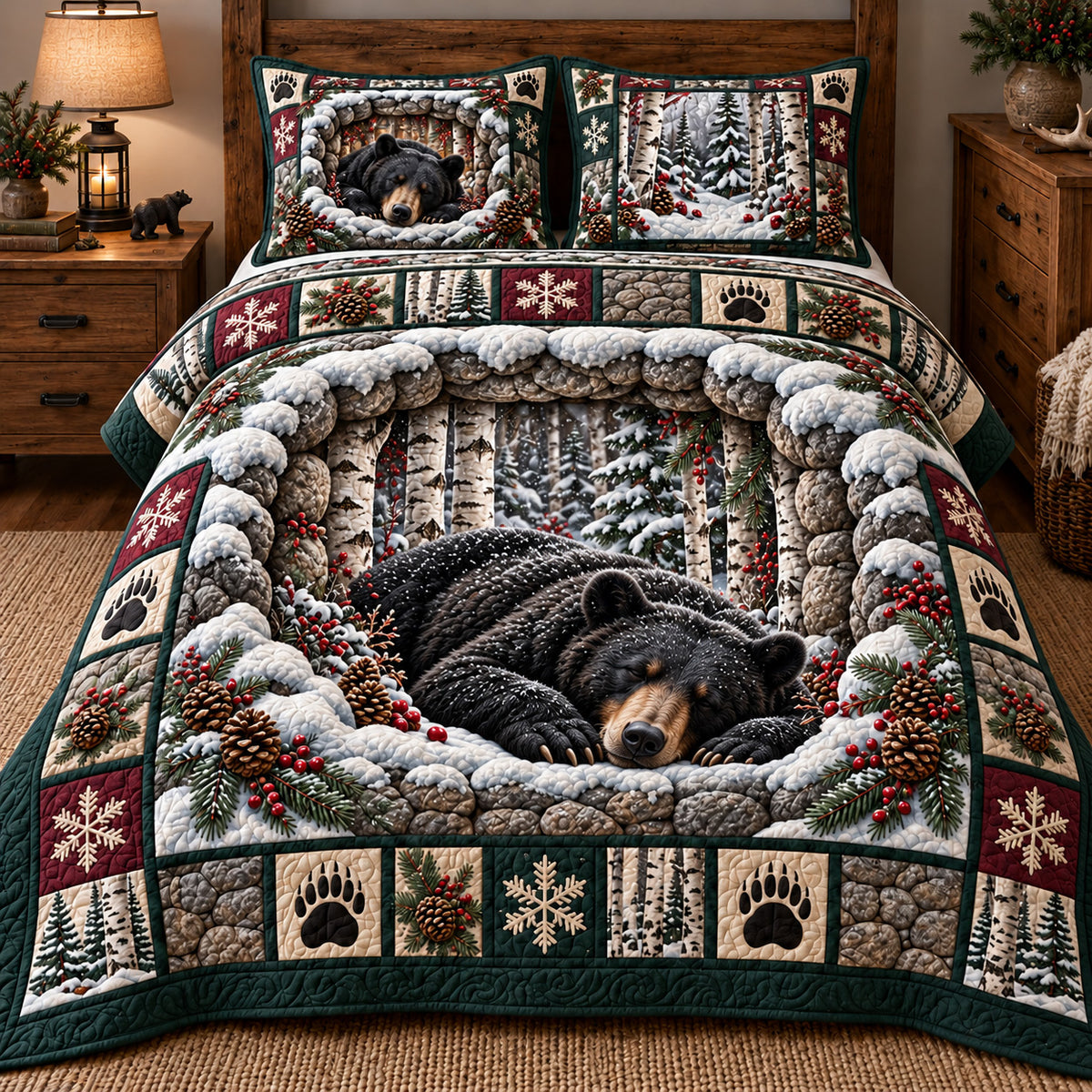 Winter Birch Bear 3-Piece Quilted Bedding Set GFTOTP23003