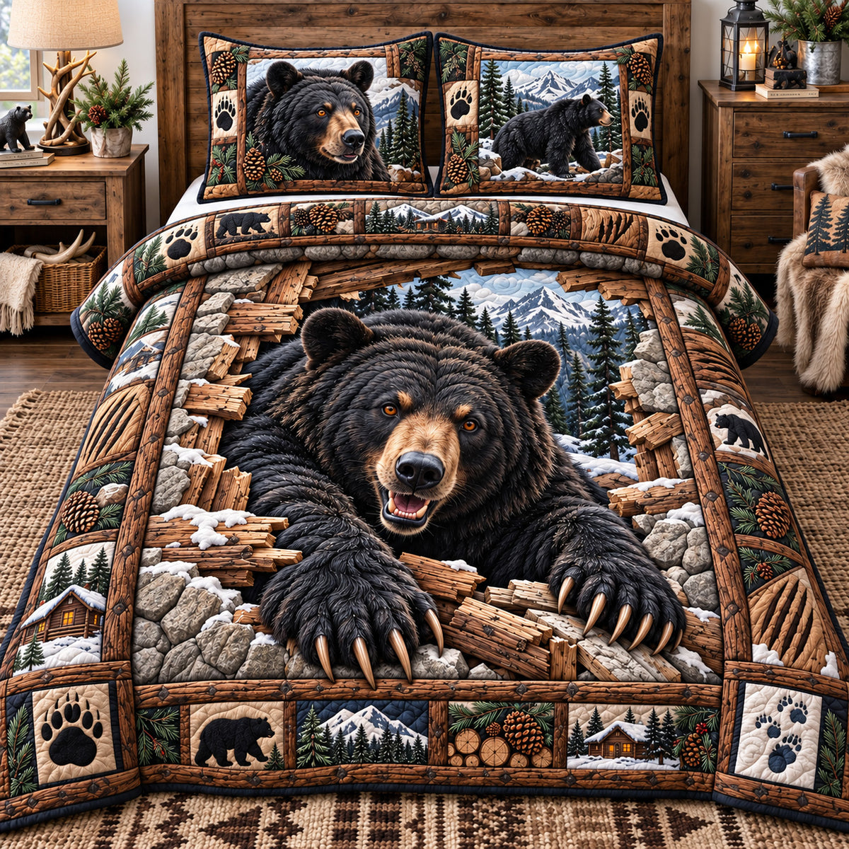 Wild Rustic Bear 3-Piece Quilted Bedding Set GFTOTP23005