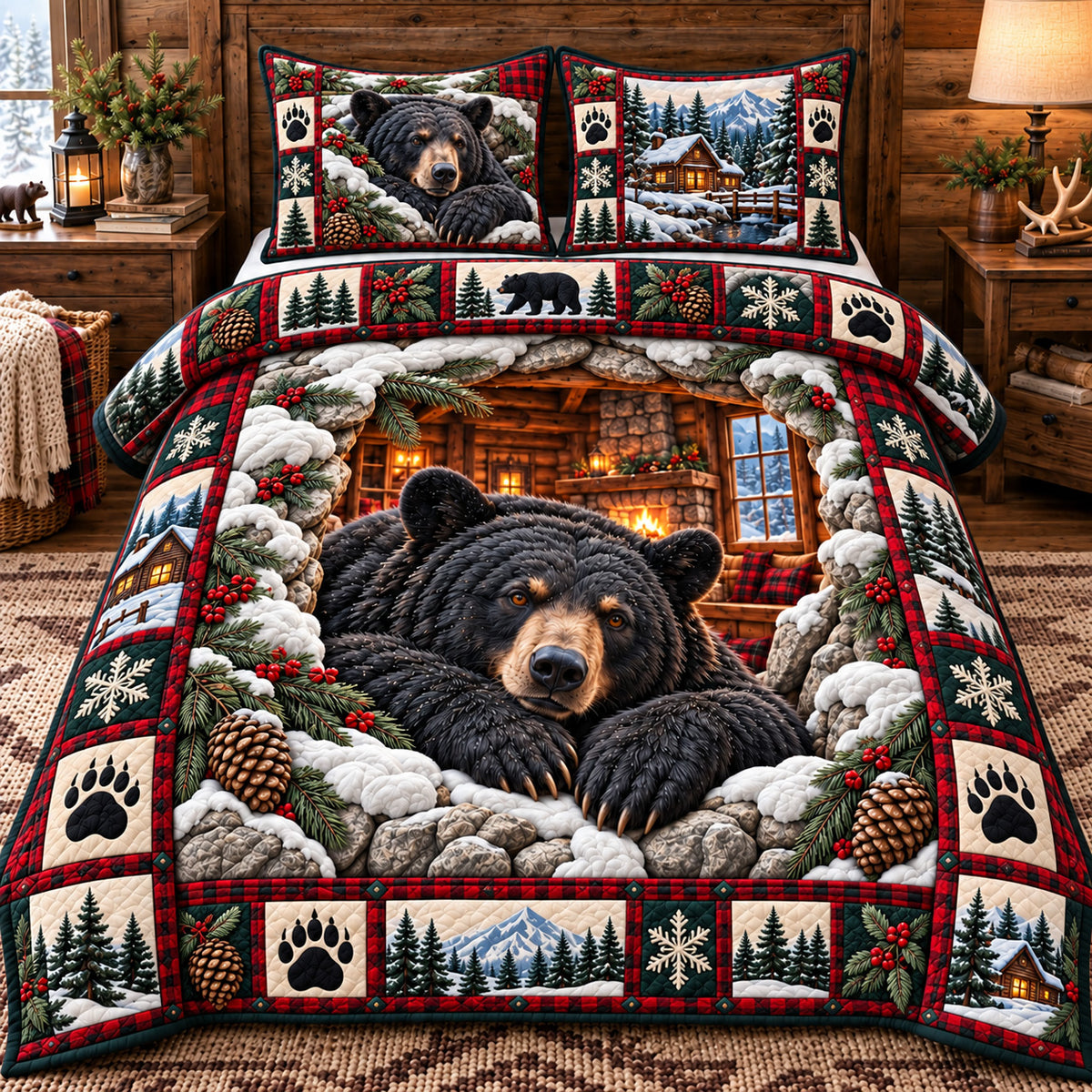 Cozy Cabin Bear 3-Piece Quilted Bedding Set GFTOTP23007