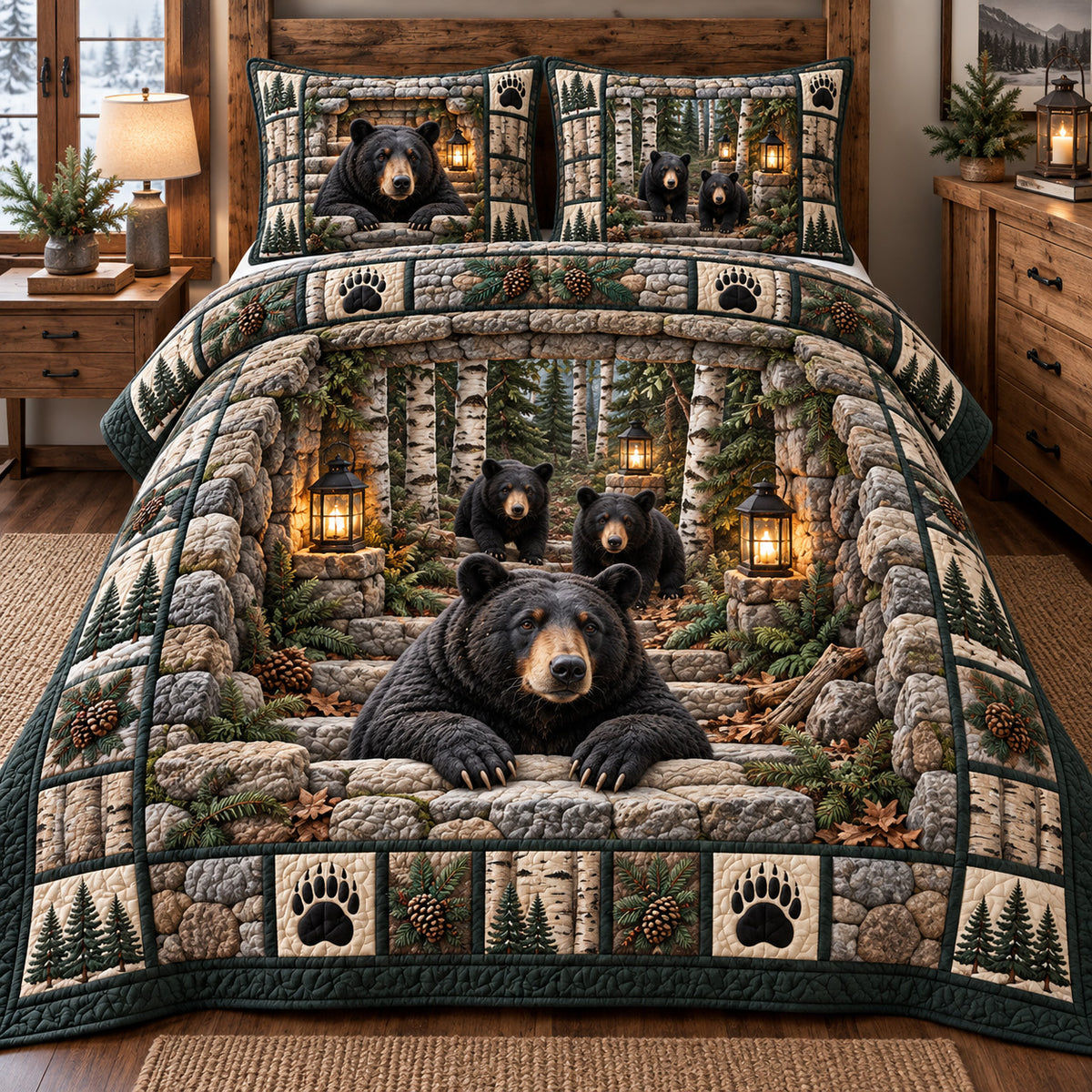 Rustic Bear Family 3-Piece Quilted Bedding Set GFTOTP23008