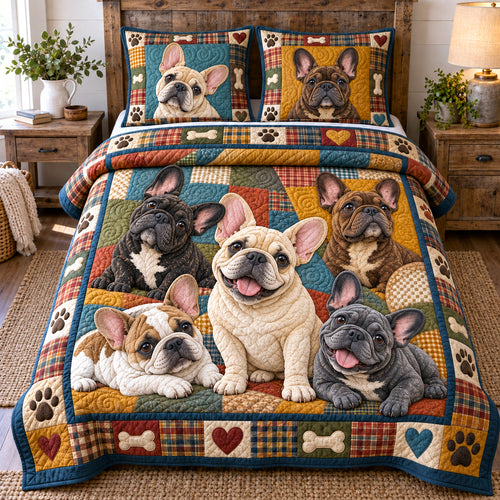 Cozy Plaid Frenchies 3-Piece Quilted Bedding Set GFTOTP23009