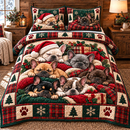 Sleeping Christmas Bulldogs 3-Piece Quilted Bedding Set GFTOTP23011