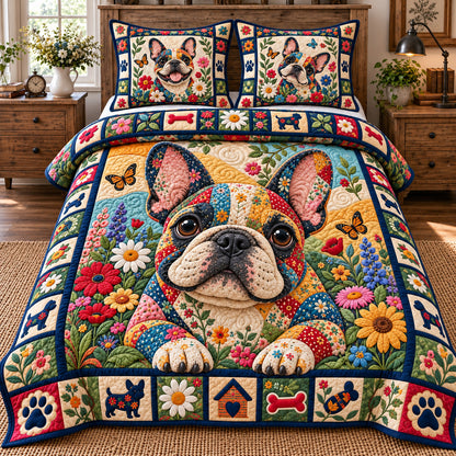 Floral Bulldog Patchwork 3-Piece Quilted Bedding Set GFTOTP23013